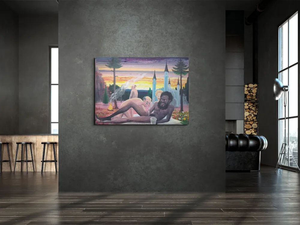 Piknik – malba Romana Trabury, akryl na desce, 150 × 140 cm (2023)