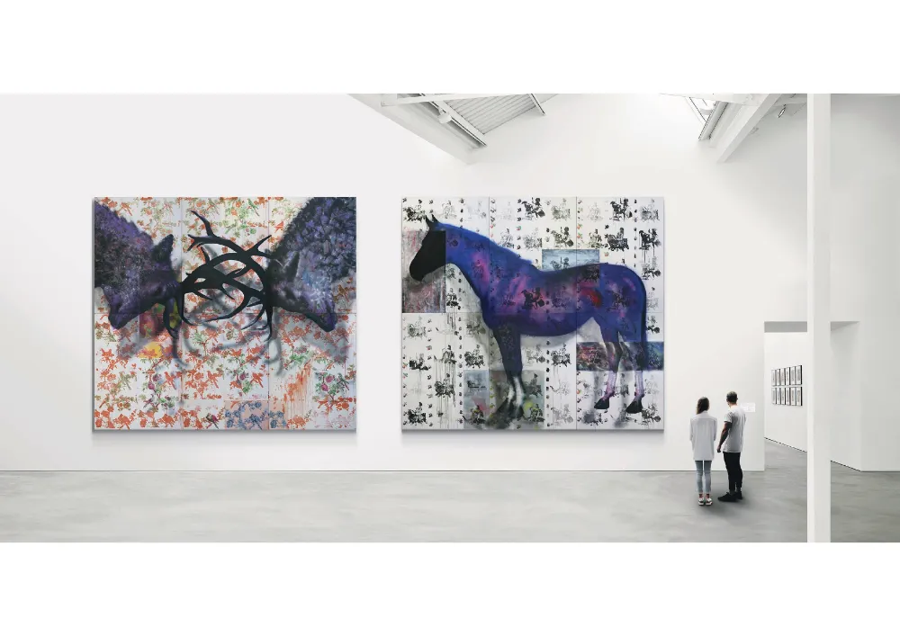 JJLBOCH – monumentální obraz Kůň z roku 2014, sítotisk, akryl a olej na plátně, 450 × 400 cm